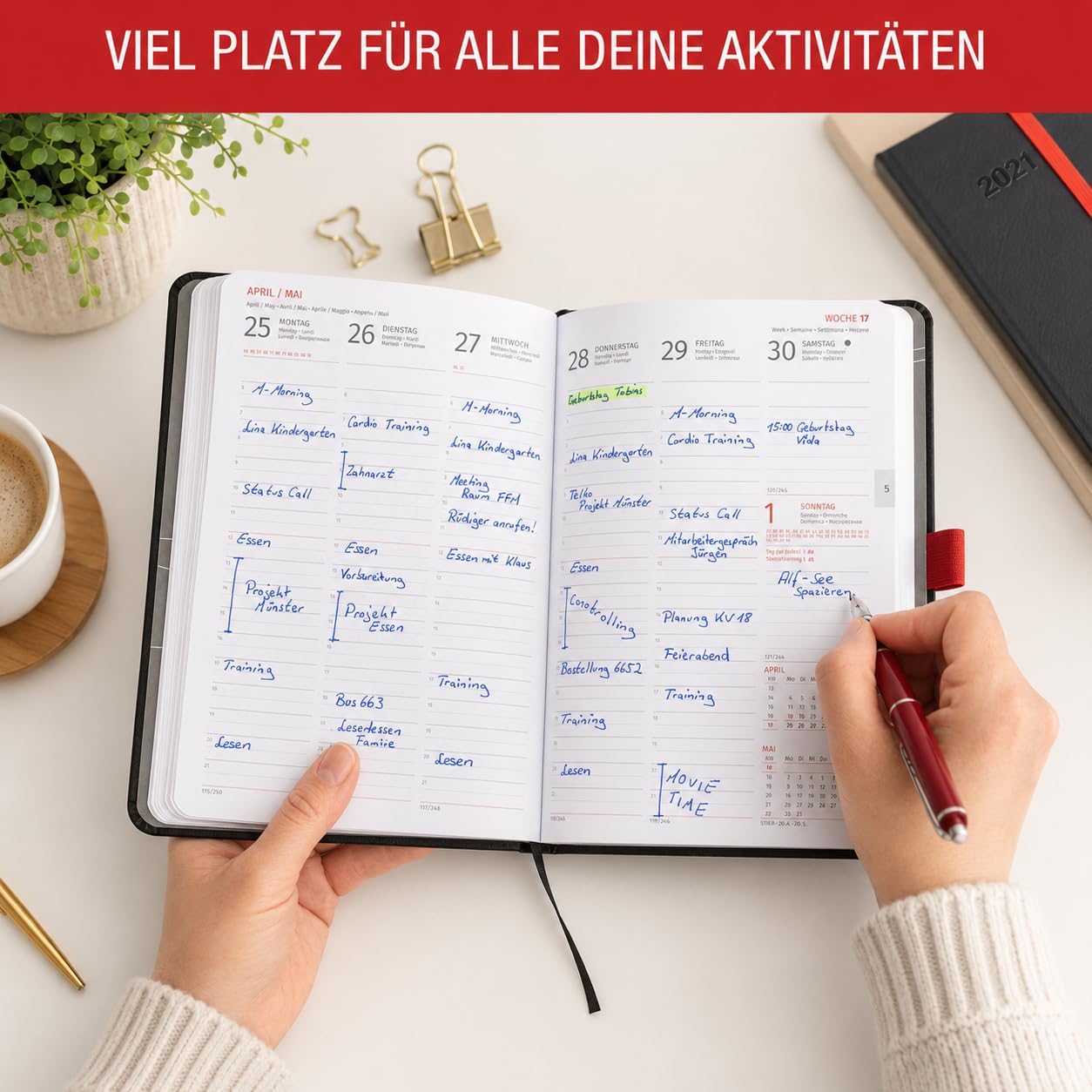 TOBJA® Book Calendar 2027 A5 Hardcover Nero Red - 1 Week 2 Pages Half Hour Clock 6-21 Clock Diary with Elastic Band, Pen Loop & Bookmark FSC Weekly Planner Calendar Book – Bild 6