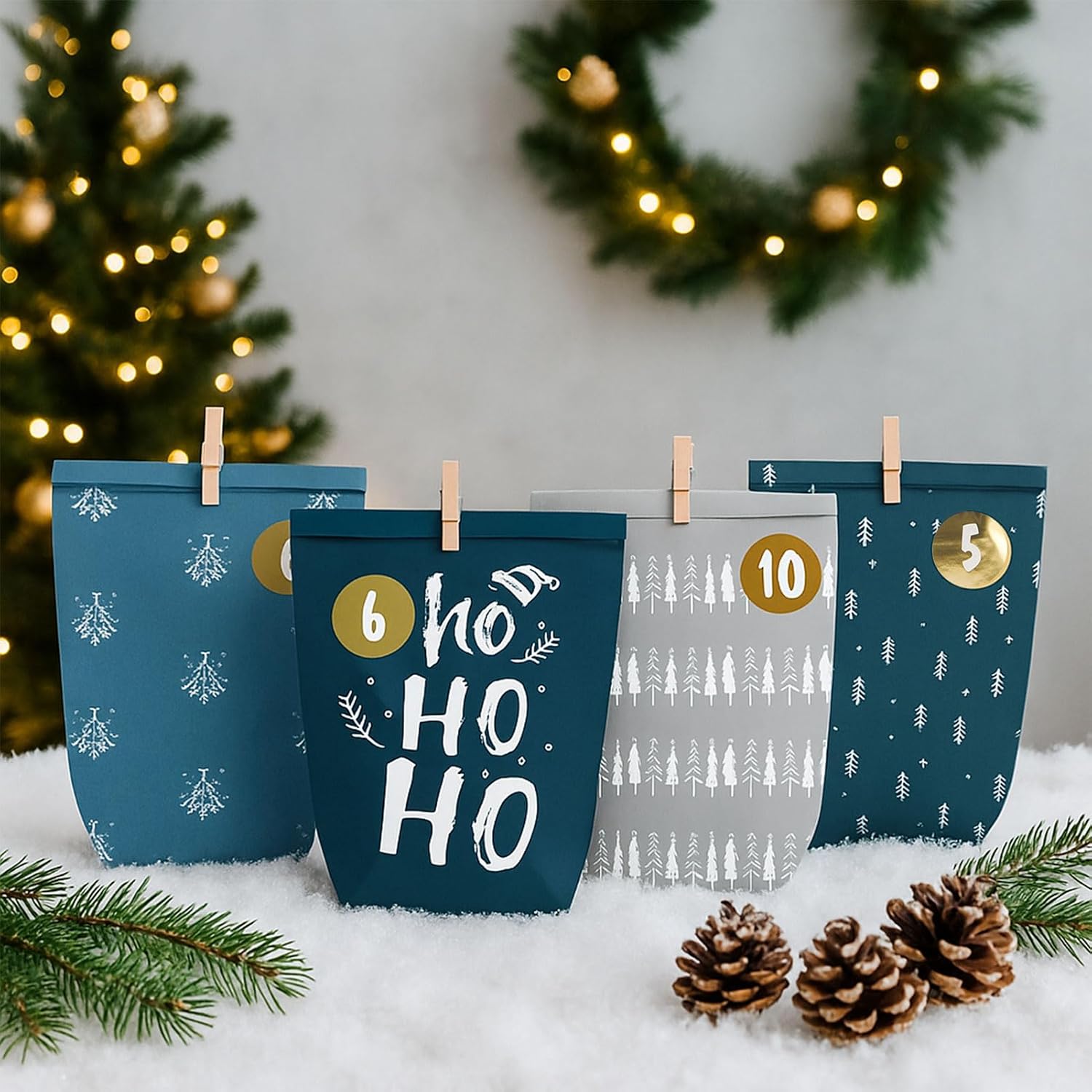 Advent Calendar for Filling, 24 Advent Bags for Crafts, Christmas Calendar to Fill Yourself, Printed Christmas Bags with Number Stickers to Fill Yourself (Blue/Grey) – Bild 8