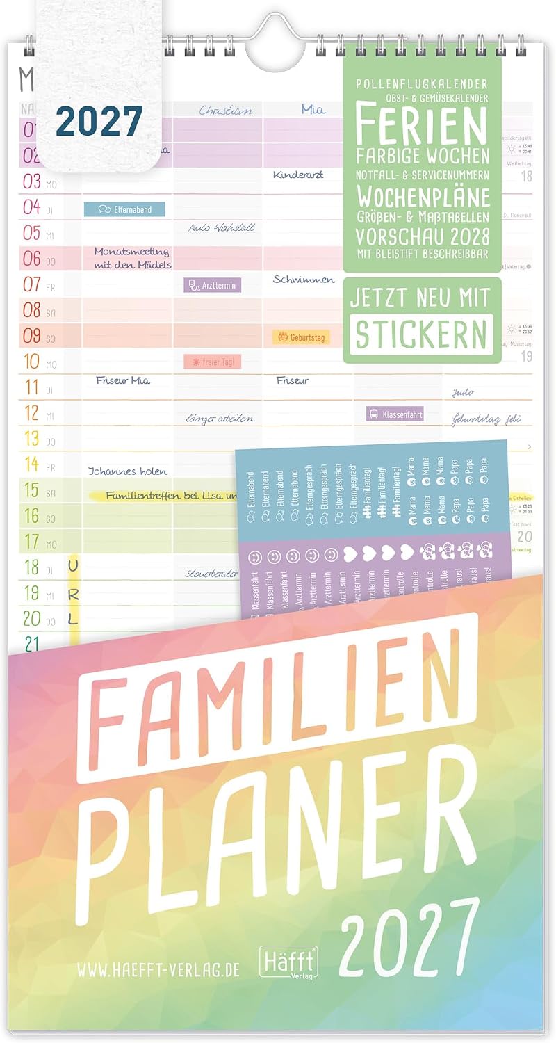 Häfft Familienplaner 2027 mit 5 Spalten - Wandkalender "Rainbow"