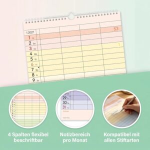 Alternative view of Colourful Super Planner - 4 Columns 2027: Colourful Family Calendar 22 x 45 cm with 4 Columns, School Holidays, Holidays & Note Field, Ideal for Family Organisation