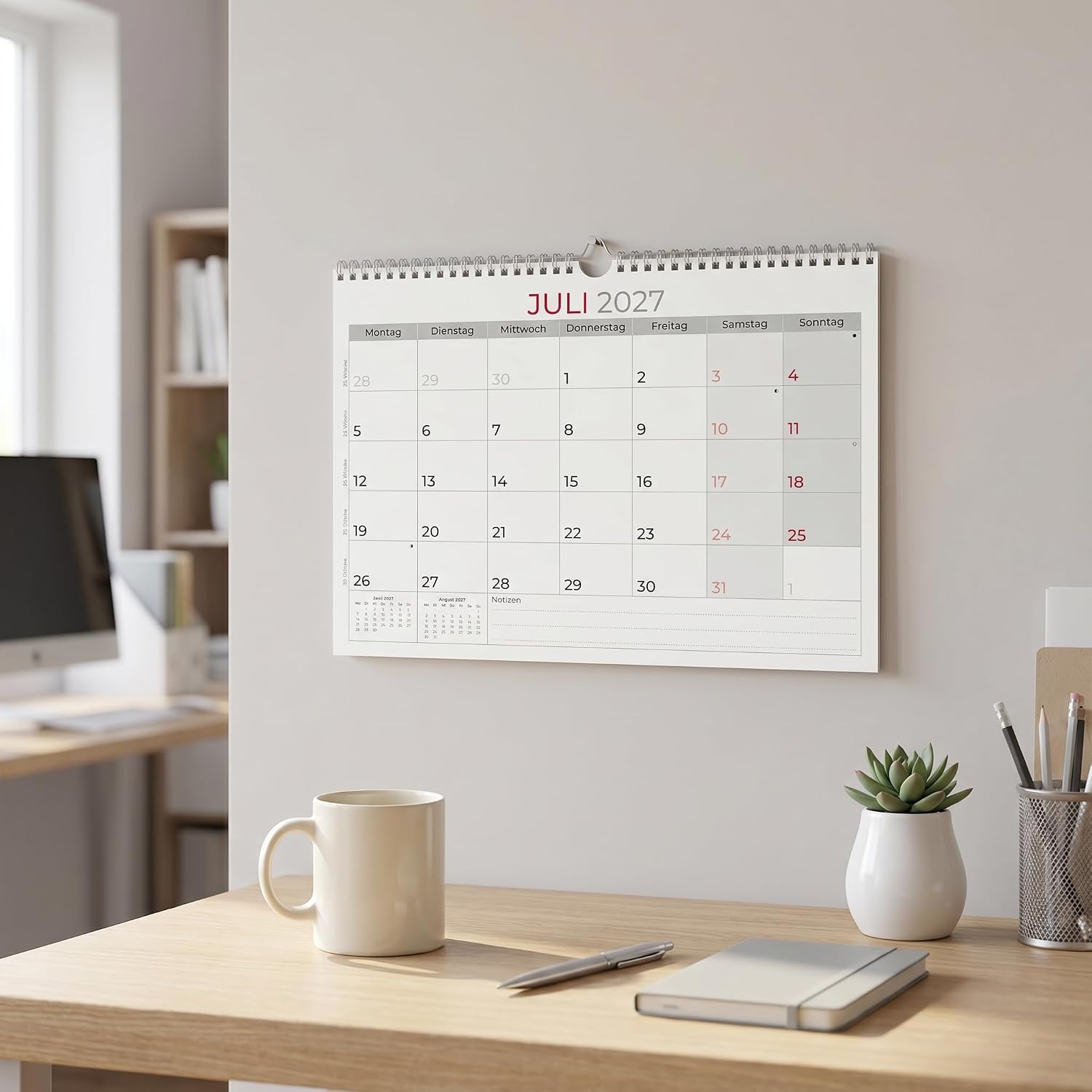 Monthly Appointment Calendar 1M/1S 2027: Wall Calendar A4 30 x 21 cm, 1 Month per Page, 16 Sheets, Wire Binding with Hanger, Week Counting, Pre- & Following Month, Sundays & Holidays – Bild 3
