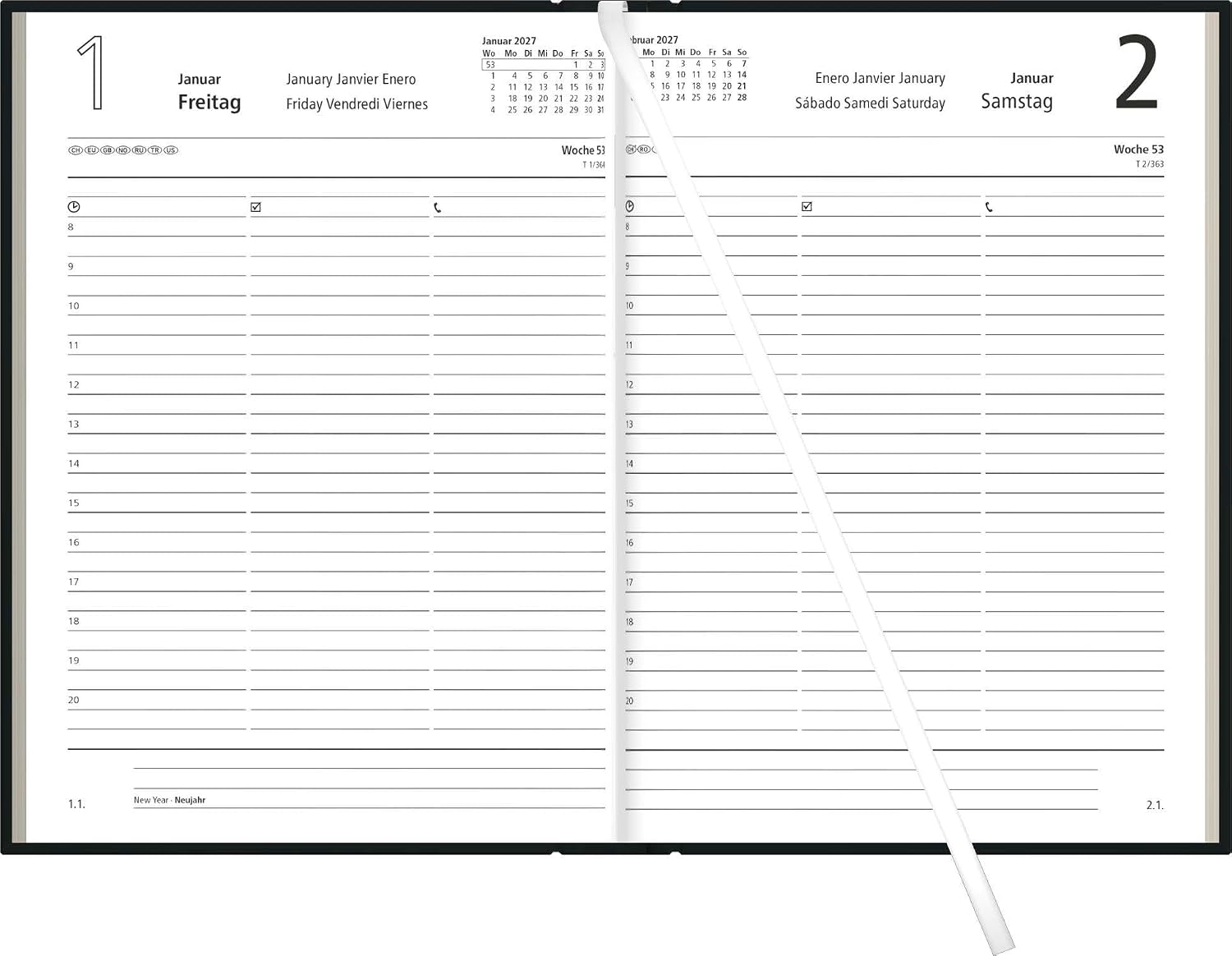Book Calendar 1T/1S Black 2027: Daily Planner 15 x 21 cm with 1 Day per Page, Time Division 7-19 Clock, Day & Week Counting, Bookmark Ribbon & Corner Perforation for Work & Study – Bild 2