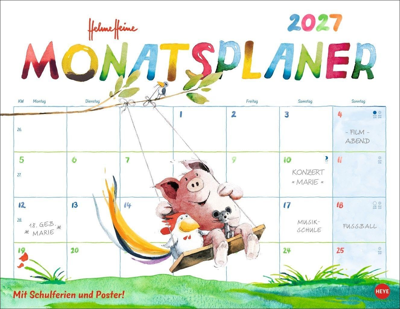 Helme Heine: Monatsplaner 2027: Liebevoll illustrierter Wandkalender von Helme Heine mit den drei Freunden. Termin-Kalender 2027 zum Eintragen. 44 x 34 cm. Querformat.