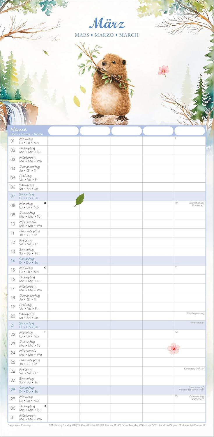 Familienplaner Tierzauber 2027: Familienkalender 22x45 cm mit 5 Spalten, liebevollen Tierillustrationen, Schulferien & Stundenplänen, ideal für Familien mit Kindern – Bild 3