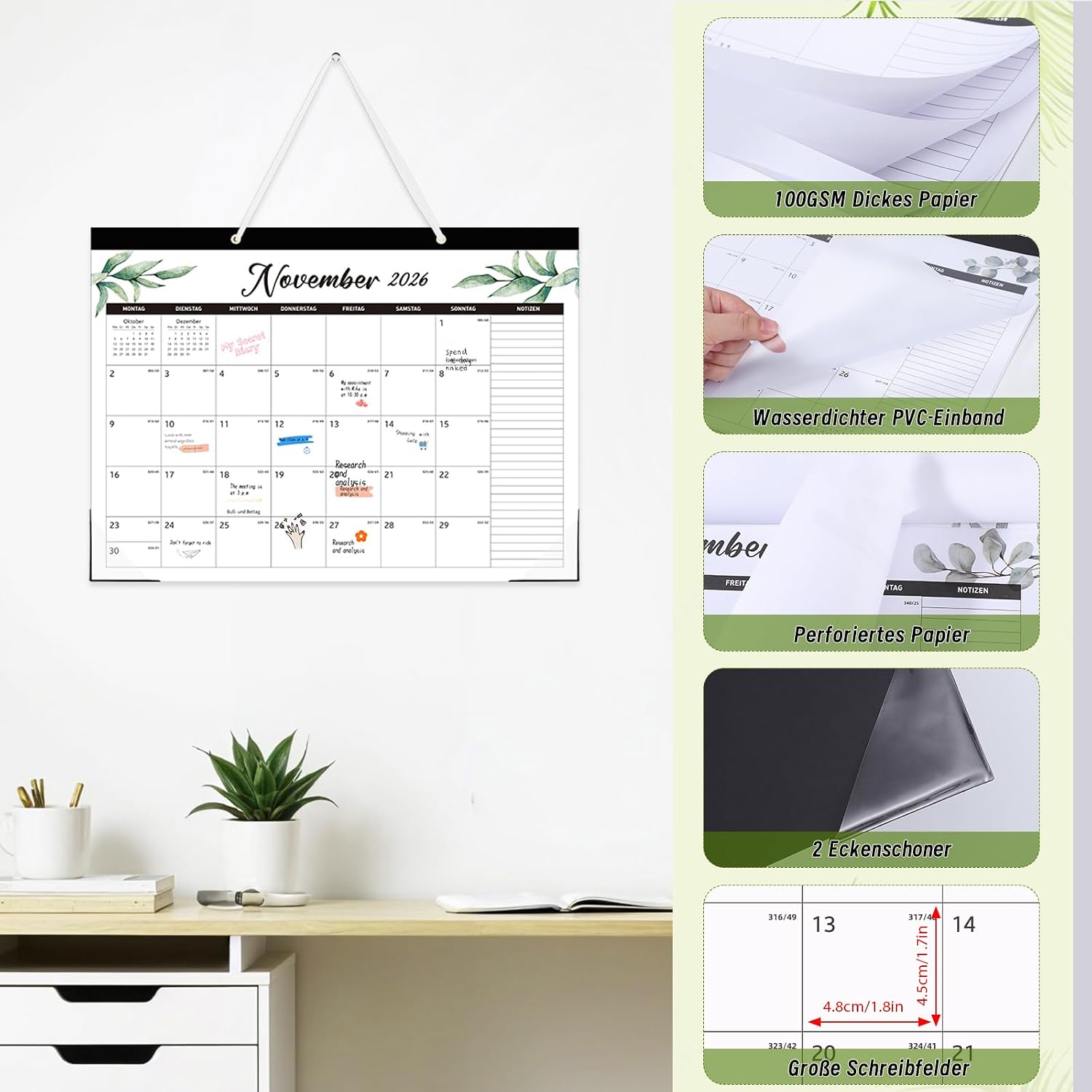 Calendar 2026/2027, 18 Month Large Wall Calendar, 43 x 30 cm, Green Leaves – Bild 4