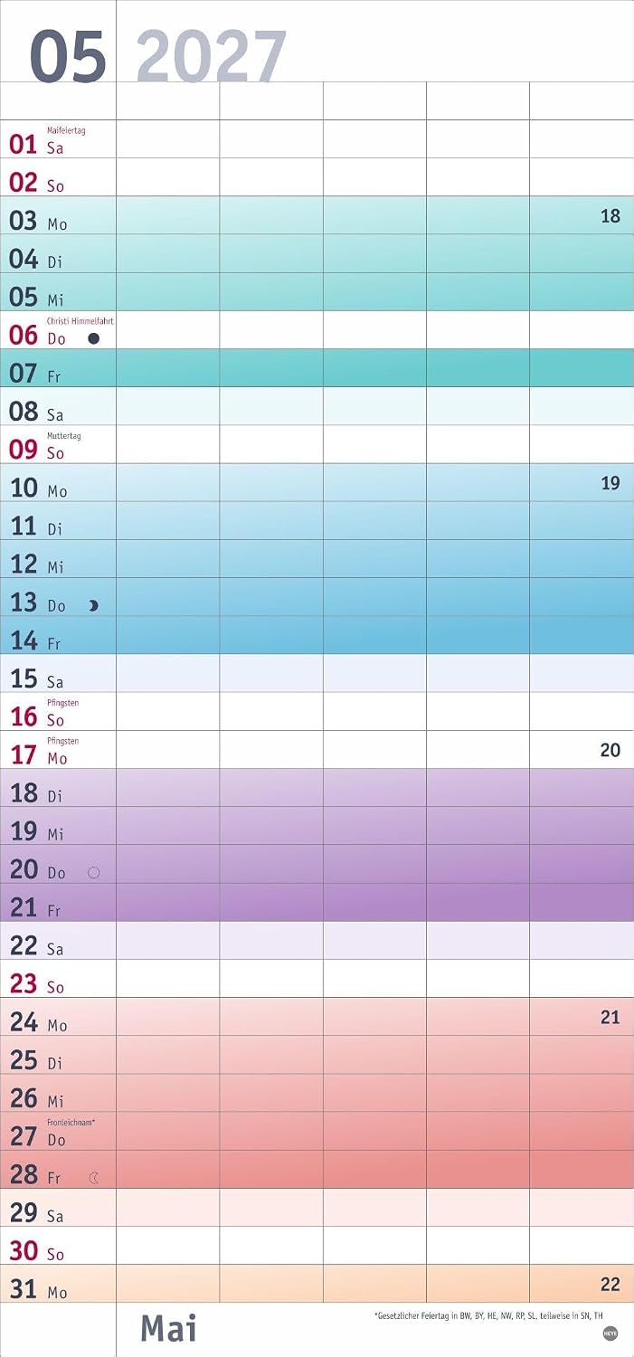 Bunte Wochen Familienplaner 2027: Praktischer Wandplaner mit 5 Spalten. Familien Wandkalender mit Schulferien und 3-Monats-Ausblick aufs Folgejahr. Terminkalender 2027. – Bild 6