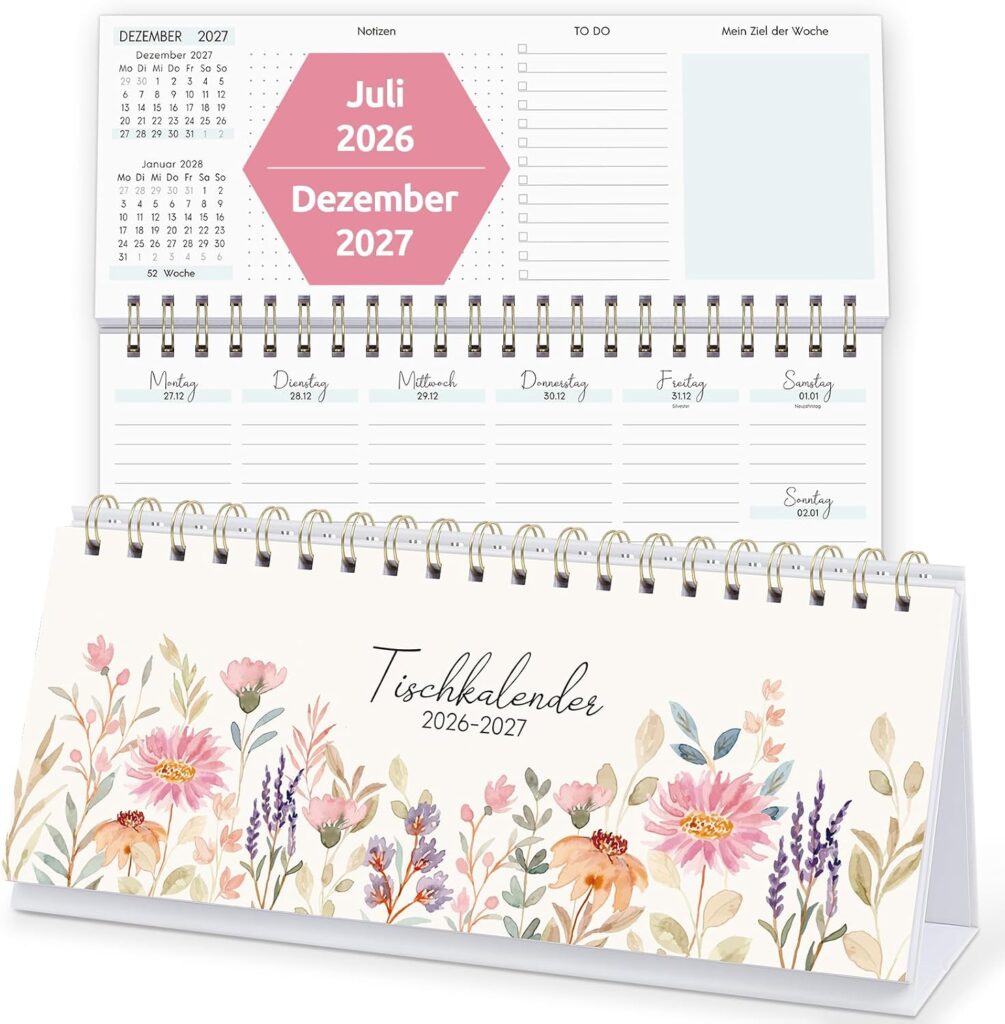 KONVINIT Desk Calendar 2026 2027, Calendar 2027 Weekly Calendar for Standing, Flower Motif Weekly Planner from July 2026 to December 2027, 1 Week 2 Pages, Desk Calendar for School Office Home