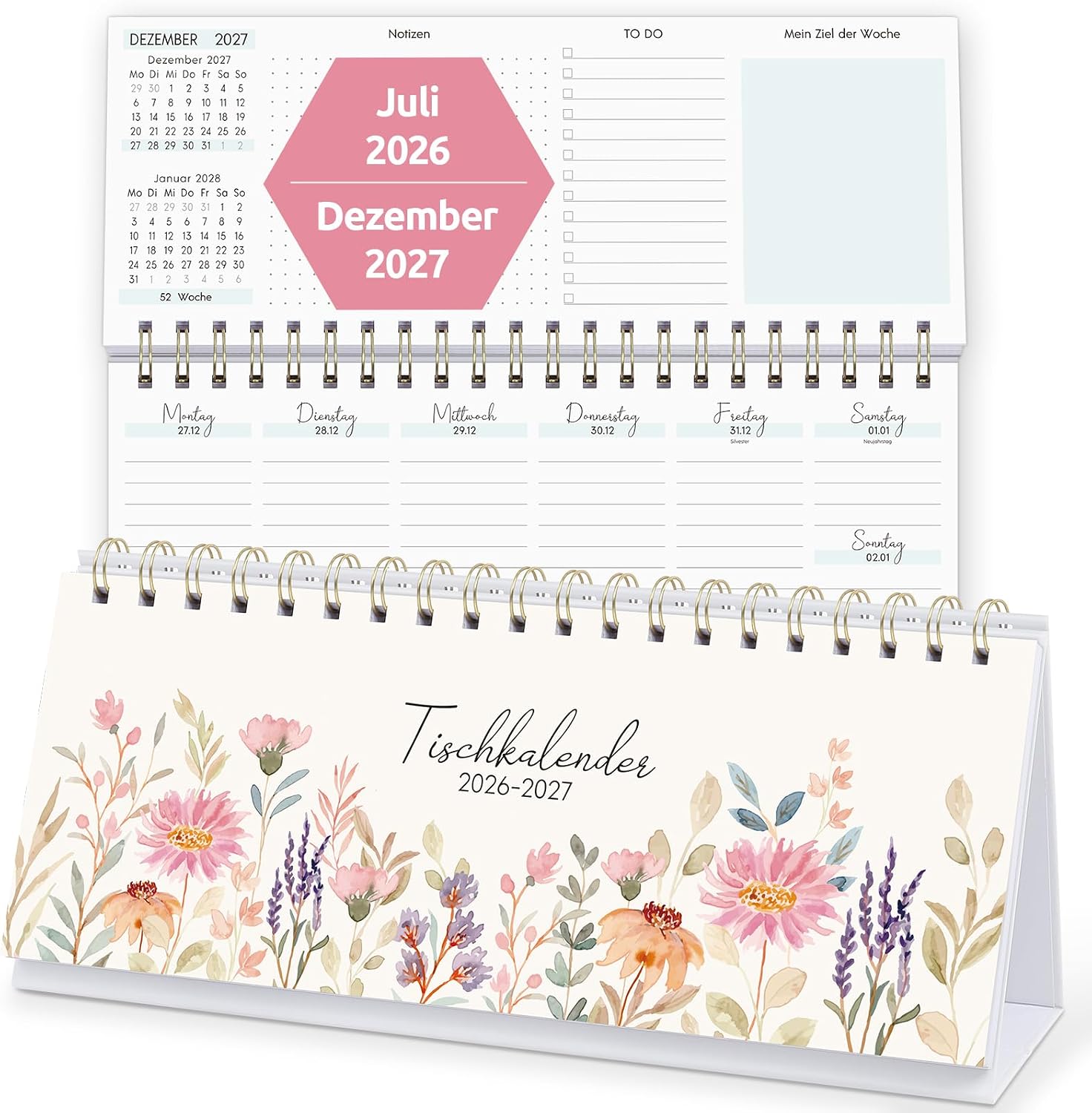 KONVINIT Desk Calendar 2026 2027, Calendar 2027 Weekly Calendar for Standing, Flower Motif Weekly Planner from July 2026 to December 2027, 1 Week 2 Pages, Desk Calendar for School Office Home