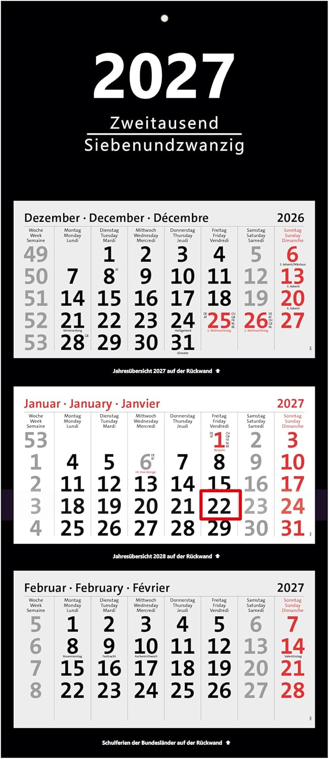 XXL 3-Month Calendar 2027 Black Large Wall Calendar Office Calendar
