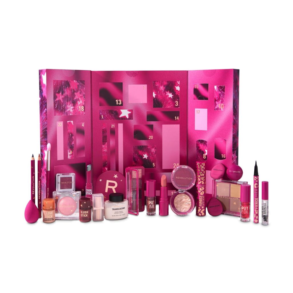Revolution Makeup Advent Calendar 2025, 24 Beauty Must-haves, Gift Set with Lip Gloss, Highlighter, Blush, Brushes & Mascara, Vegan and Cruelty Free