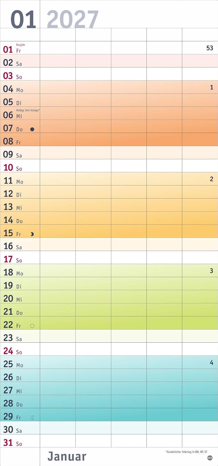Bunte Wochen Familienplaner 2027: Praktischer Wandplaner mit 5 Spalten. Familien Wandkalender mit Schulferien und 3-Monats-Ausblick aufs Folgejahr. Terminkalender 2027. – Bild 2