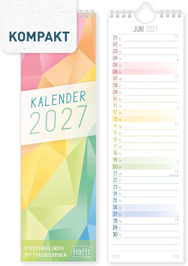 Häfft® Compact Striped Calendar 2027 Narrow (9 x 30 cm) "Rainbow"