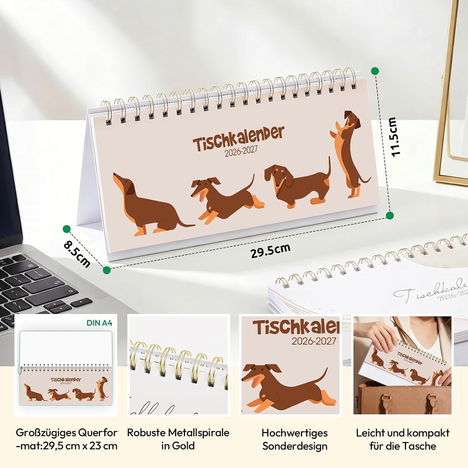 KONVINIT Desk Calendar 2026 2027, Weekly Planner 2027 with Stand Desk Calendar, 1 Week 2 Pages, Cute Dachshund Motif Standing Calendar 2027 for School Office Home (Landscape) – Bild 2