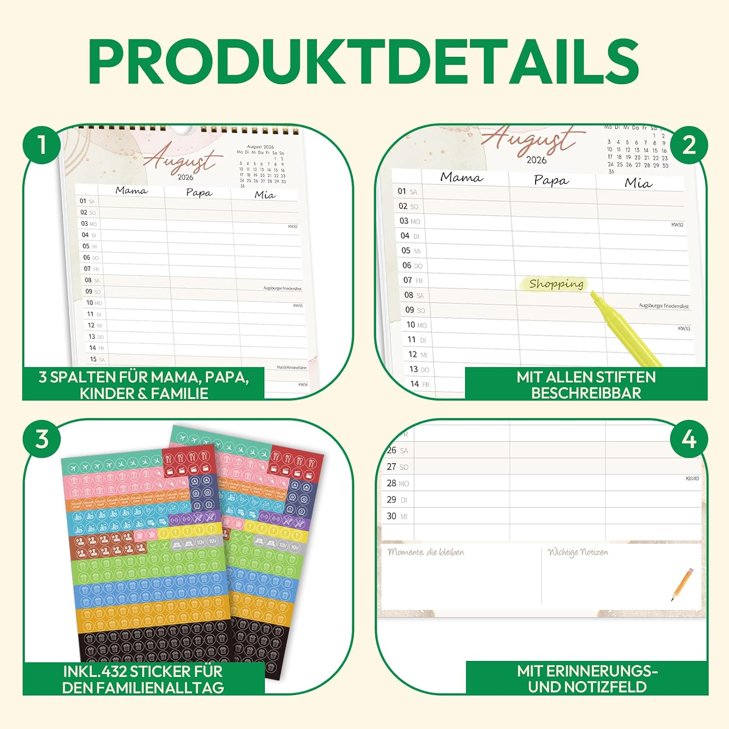 KONVINIT Family Planner 2027, 15 Month Calendar with 3 Columns & Stickers – Bild 4