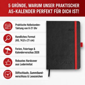 TOBJA® Book Calendar 2027 A5 Hardcover Nero Red - 1 Week 2 Pages Half Hour Clock 6-21 Clock Diary with Elastic Band, Pen Loop & Bookmark FSC Weekly Planner Calendar Book – Bild 2
