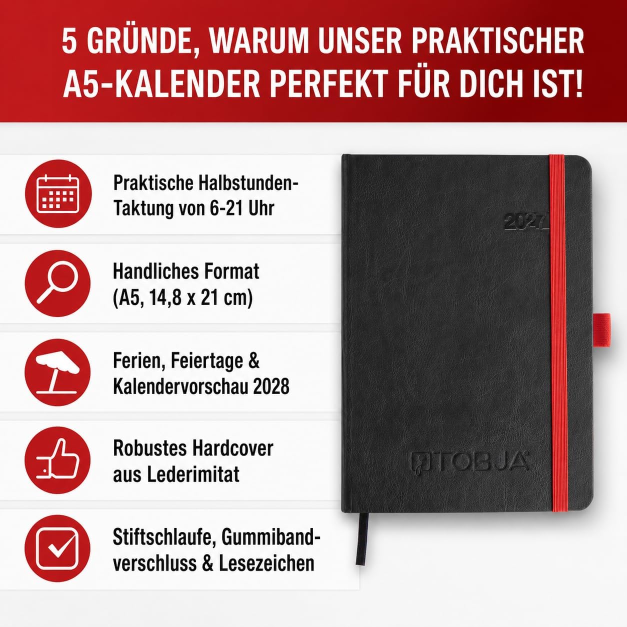 TOBJA® Book Calendar 2027 A5 Hardcover Nero Red - 1 Week 2 Pages Half Hour Clock 6-21 Clock Diary with Elastic Band, Pen Loop & Bookmark FSC Weekly Planner Calendar Book – Bild 2