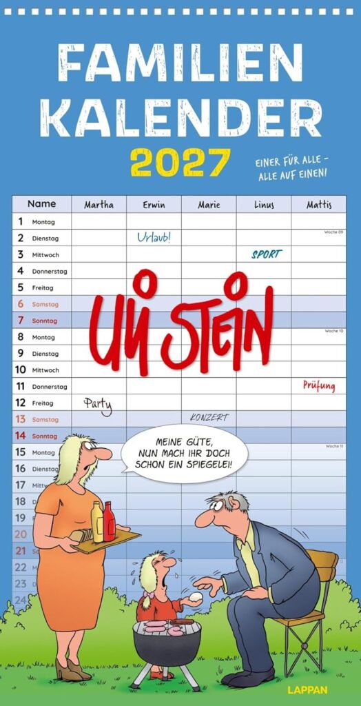 Uli Stein Familienkalender 2027: Familienplaner mit 5 Spalten: Großer Wandkalender im Hochformat mit Spiralbindung (Uli Stein Kalender 2027)