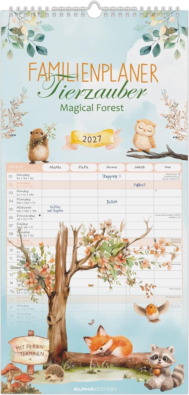 Familienplaner Tierzauber 2027: Familienkalender 22x45 cm mit 5 Spalten, liebevollen Tierillustrationen, Schulferien & Stundenplänen, ideal für Familien mit Kindern