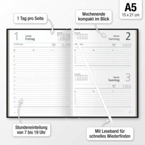 Alternative view of Book Calendar 1T/1S 336S Black 2027: Daily Planner 15 x 21 cm with 7 Days on 6 Pages, Time Division 7-19 Clock, Daily & Week Counting, Bookmark Ribbon & Corner Perforation for Work & Study