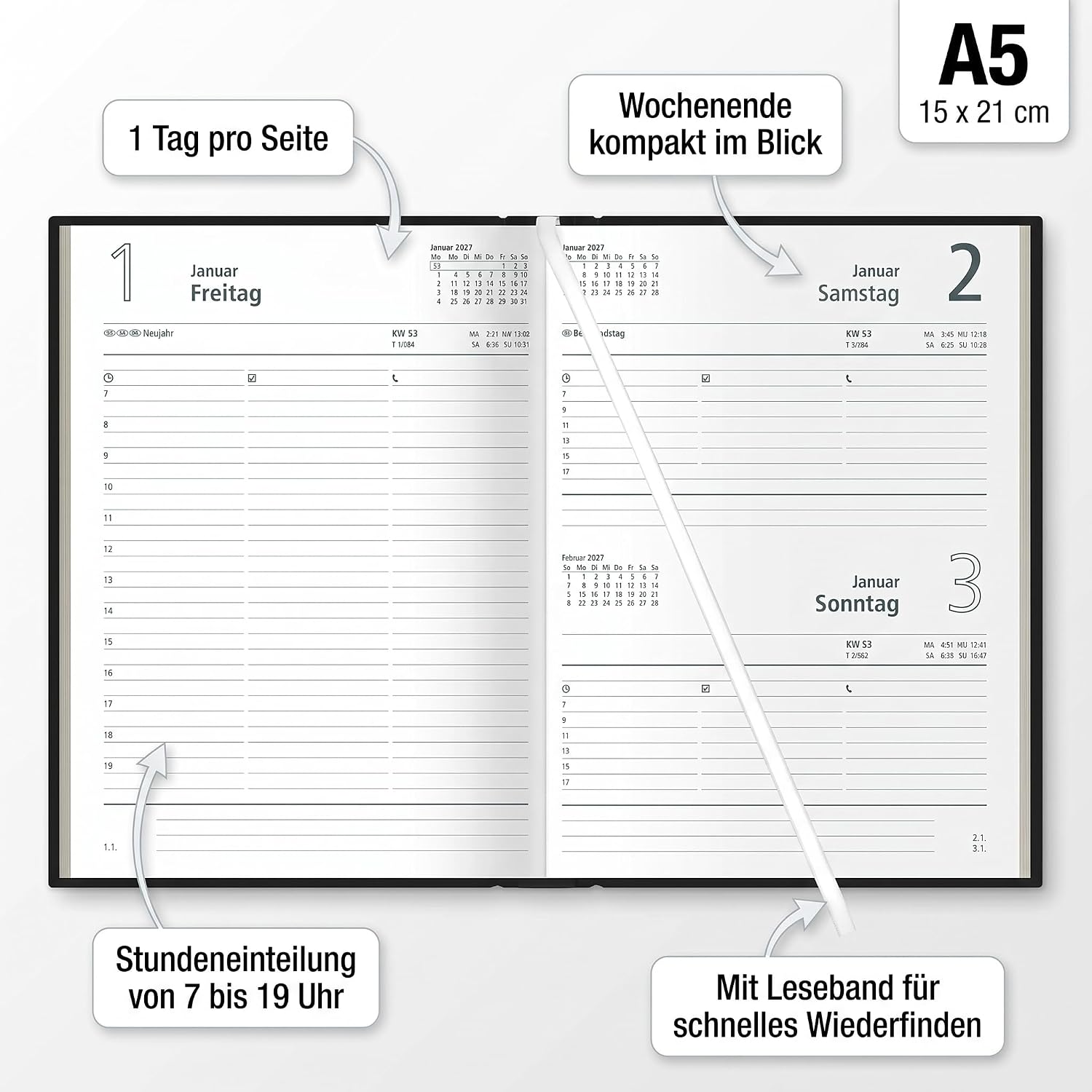 Book Calendar 1T/1S 336S Black 2027: Daily Planner 15 x 21 cm with 7 Days on 6 Pages, Time Division 7-19 Clock, Daily & Week Counting, Bookmark Ribbon & Corner Perforation for Work & Study – Bild 2