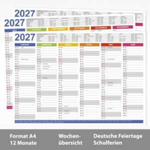 Blackboard Calendar 2027 DIN A4, Calendar, Wall Calendar with School Holidays / Holidays, Year Planner A4, Colourful (Pack of 3) – Bild 2