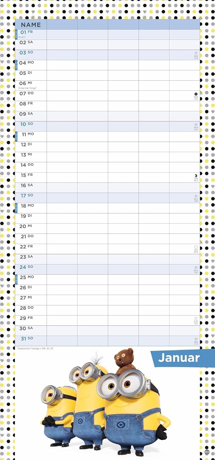 Minions Familienplaner 2027: Familienkalender mit 5 Spalten. Wandkalender mit Schulferien und Stundenplänen. – Bild 2