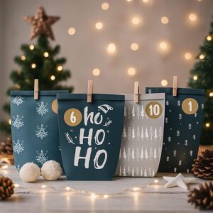 Advent Calendar for Filling, 24 Advent Bags for Crafts, Christmas Calendar to Fill Yourself, Printed Christmas Bags with Number Stickers to Fill Yourself (Blue/Grey) – Bild 5