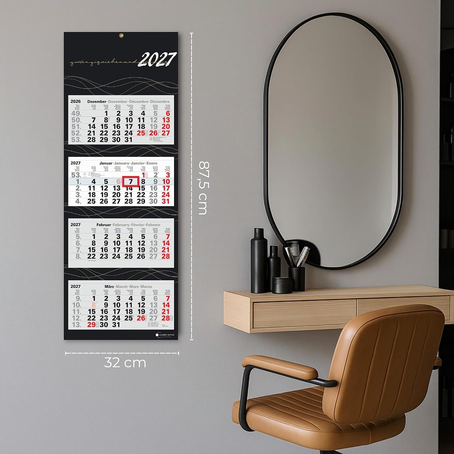 4-Month Calendar 2027 Wall Calendar with Slider, Black/Gold Wave Edition, Large Format 87.5 x 32 cm Office Calendar, 4 Languages with Holidays, Sturdy Back Panel and Metal Eyelet – Bild 5