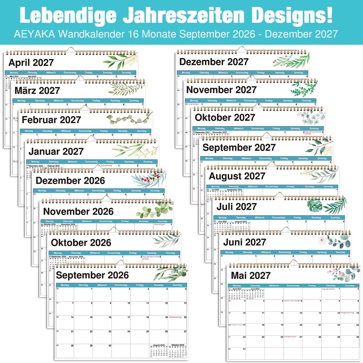 Wall Calendar 2026-2027 A4-16 Months from Sep 2026 Green Leaves German – Bild 3