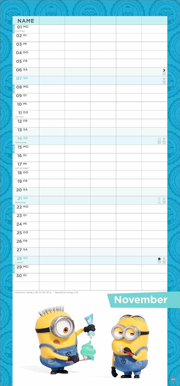 Minions Familienplaner 2027: Familienkalender mit 5 Spalten. Wandkalender mit Schulferien und Stundenplänen. – Bild 12