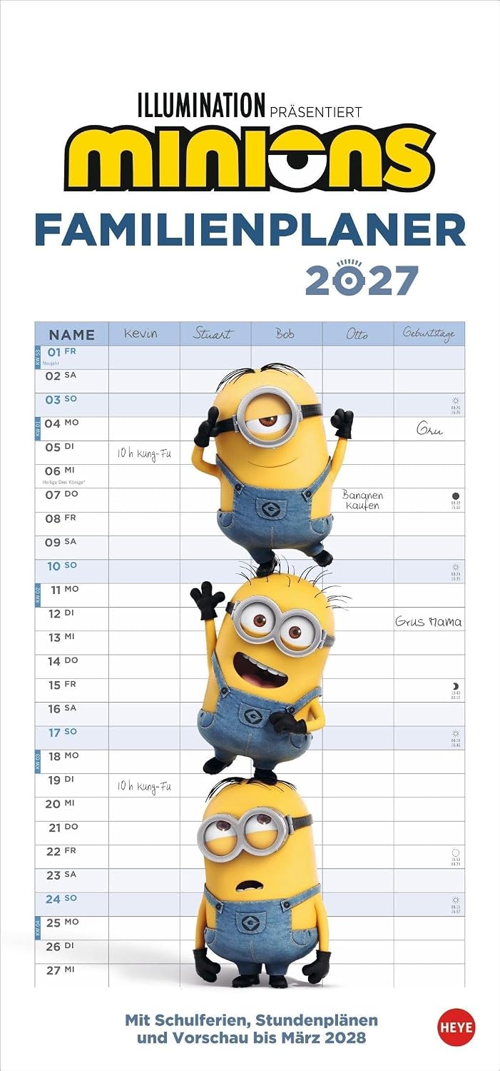 Minions Familienplaner 2027: Familienkalender mit 5 Spalten. Wandkalender mit Schulferien und Stundenplänen.