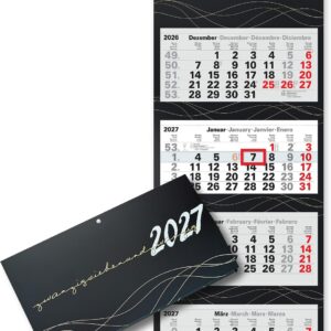 4-Month Calendar 2027 Wall Calendar with Slider, Black/Gold Wave Edition, Large Format 87.5 x 32 cm Office Calendar, 4 Languages with Holidays, Sturdy Back Panel and Metal Eyelet