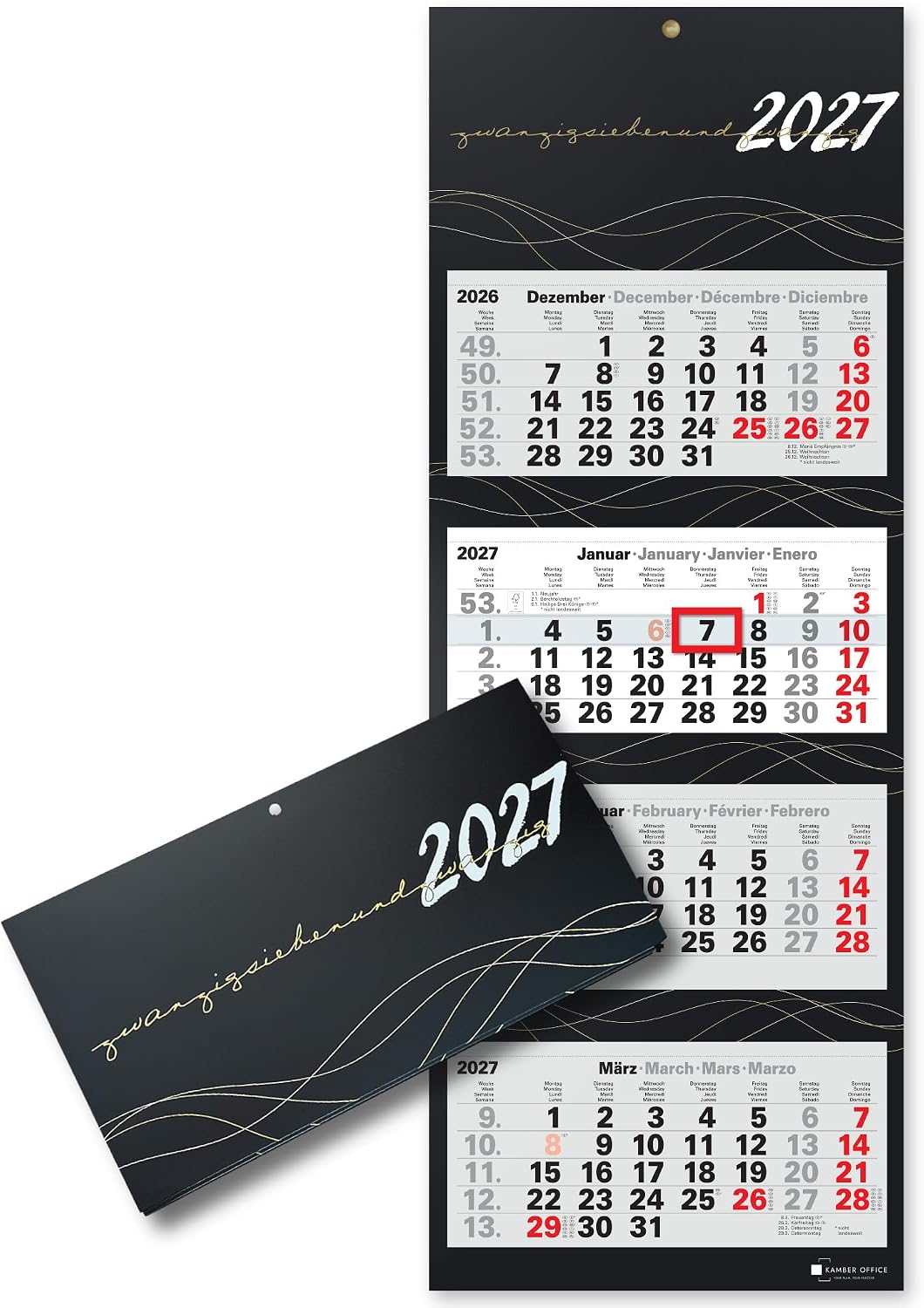 4-Month Calendar 2027 Wall Calendar with Slider, Black/Gold Wave Edition, Large Format 87.5 x 32 cm Office Calendar, 4 Languages with Holidays, Sturdy Back Panel and Metal Eyelet