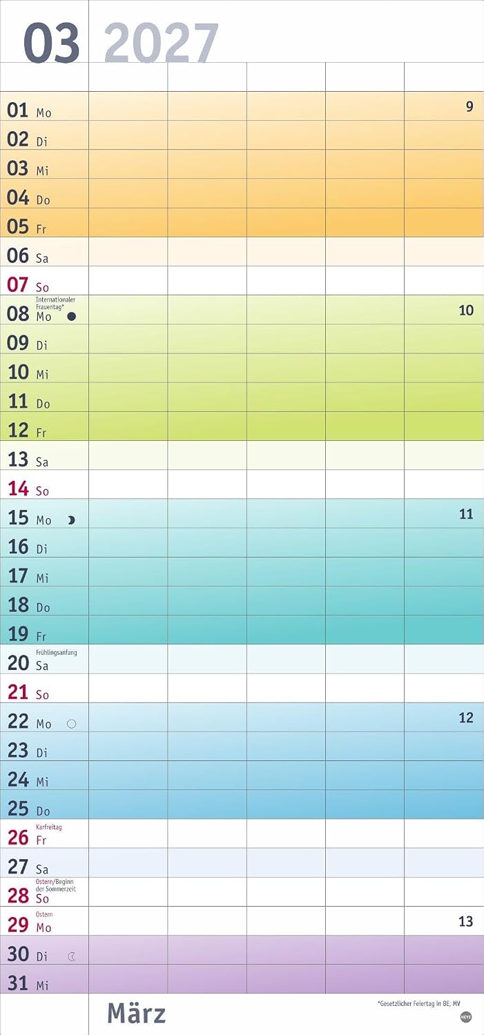 Bunte Wochen Familienplaner 2027: Praktischer Wandplaner mit 5 Spalten. Familien Wandkalender mit Schulferien und 3-Monats-Ausblick aufs Folgejahr. Terminkalender 2027. – Bild 4