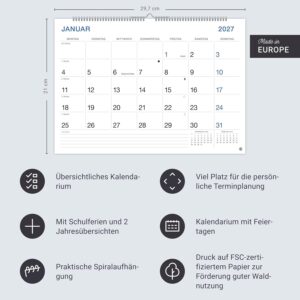 Büro Monatsplaner 2027: Praktischer Wandplaner mit großer Monatsübersicht. Wandkalender DIN A4. Büro-Kalender mit Notizfeld und Schulferien. – Bild 14