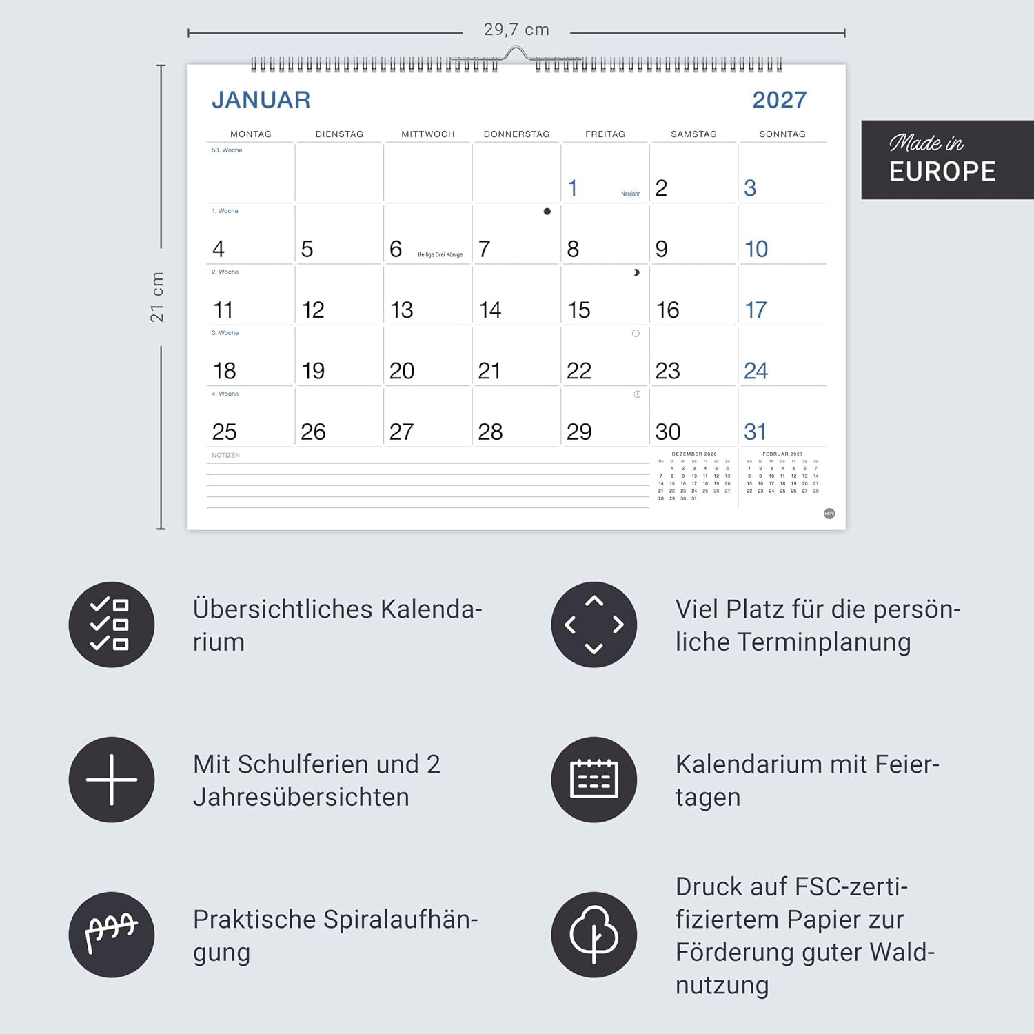 Büro Monatsplaner 2027: Praktischer Wandplaner mit großer Monatsübersicht. Wandkalender DIN A4. Büro-Kalender mit Notizfeld und Schulferien. – Bild 14