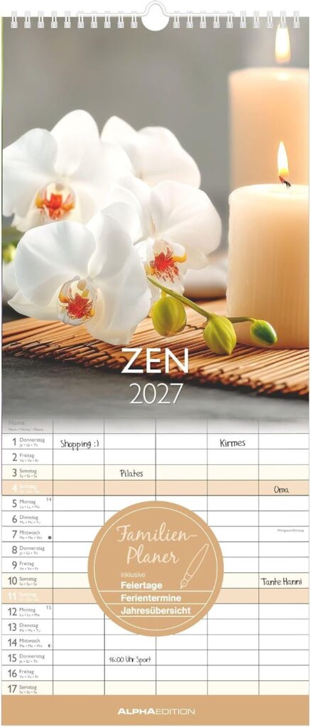 Zen 2027: Familienkalender 19,5x45 cm mit 5 Spalten, Naturfotografien, Feiertagen & 4-sprachigem Kalendarium, ideal für Familienorganisation
