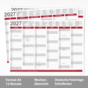 Blackboard Calendar 2027 DIN A4, Calendar, Wall Calendar with School Holidays / Holidays, Year Planner A4, Red (Pack of 3) – Bild 2