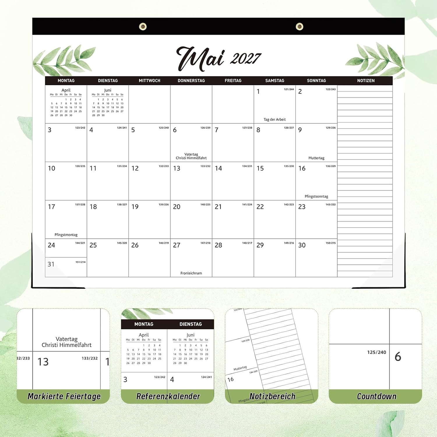 Calendar 2026/2027, 18 Month Large Wall Calendar, 43 x 30 cm, Green Leaves – Bild 5