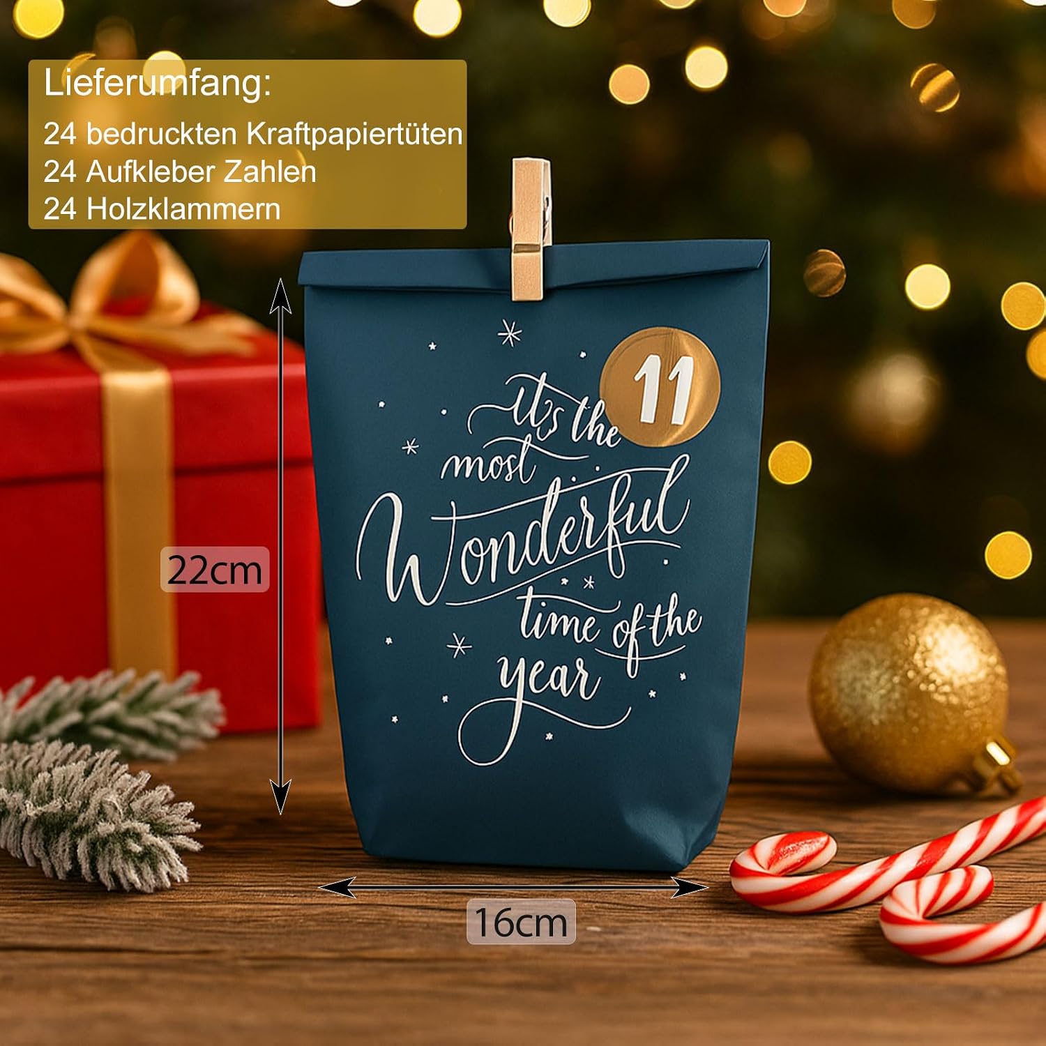 Advent Calendar for Filling, 24 Advent Bags for Crafts, Christmas Calendar to Fill Yourself, Printed Christmas Bags with Number Stickers to Fill Yourself (Blue/Grey) – Bild 2