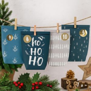 Advent Calendar for Filling, 24 Advent Bags for Crafts, Christmas Calendar to Fill Yourself, Printed Christmas Bags with Number Stickers to Fill Yourself (Blue/Grey) – Bild 6