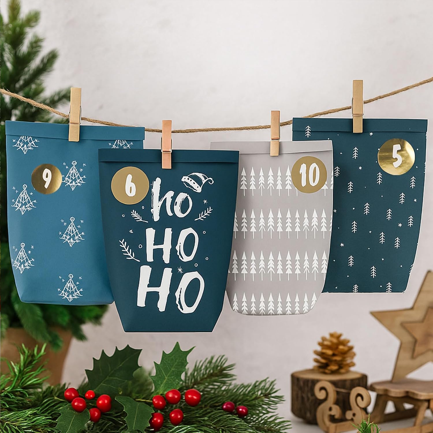Advent Calendar for Filling, 24 Advent Bags for Crafts, Christmas Calendar to Fill Yourself, Printed Christmas Bags with Number Stickers to Fill Yourself (Blue/Grey) – Bild 6