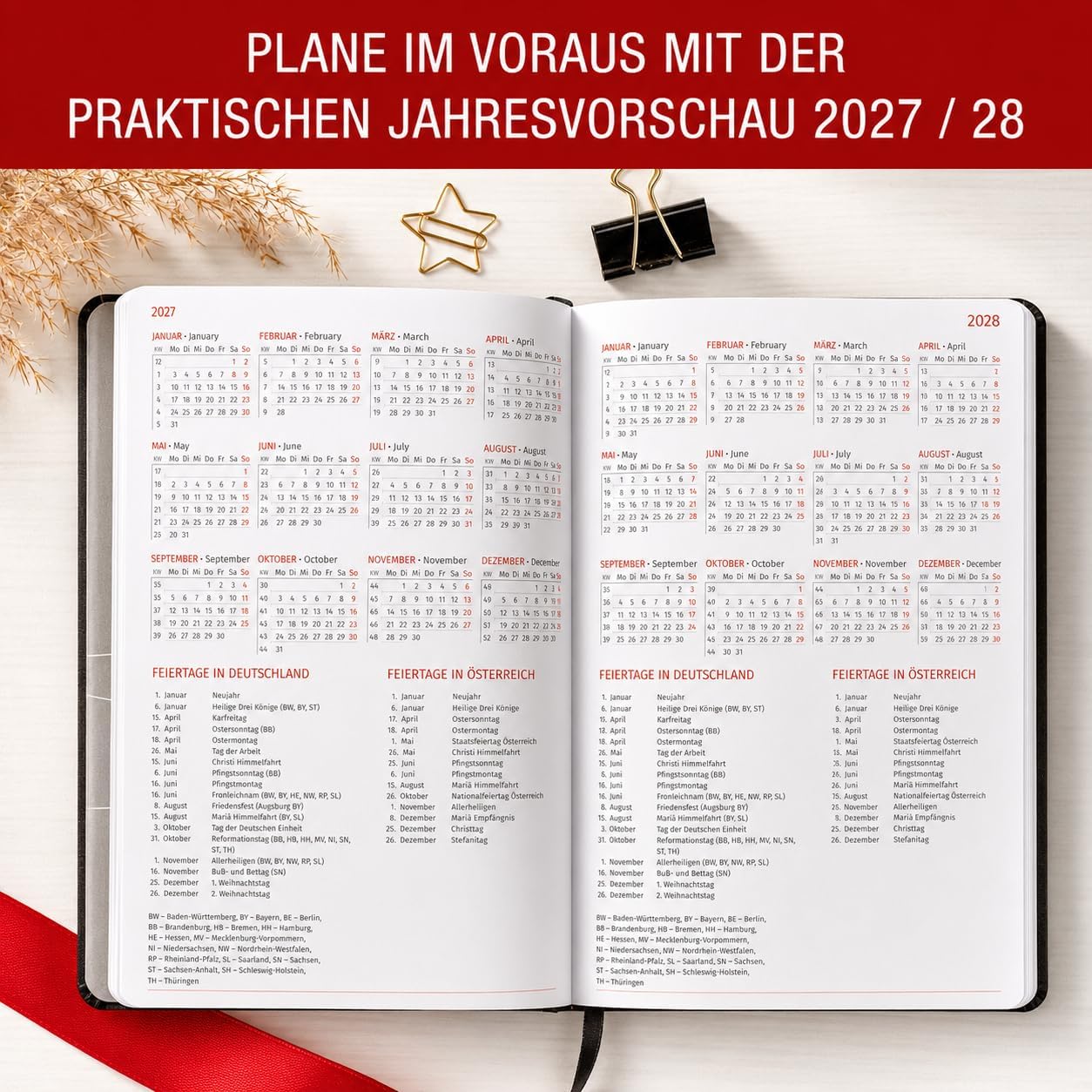 TOBJA® Book Calendar 2027 A5 Hardcover Nero Red - 1 Week 2 Pages Half Hour Clock 6-21 Clock Diary with Elastic Band, Pen Loop & Bookmark FSC Weekly Planner Calendar Book – Bild 7