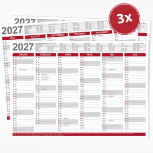 Blackboard Calendar 2027 DIN A4, Calendar, Wall Calendar with School Holidays / Holidays, Year Planner A4, Red (Pack of 3)