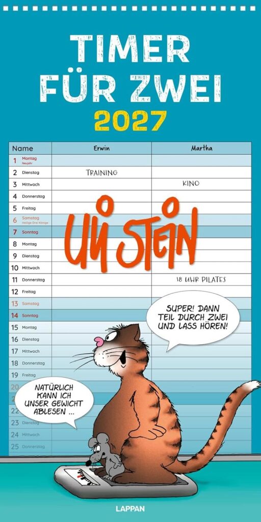 Uli Stein Timer für zwei 2027: Monatskalender für die Wand: Großer Wandkalender für zwei im Hochformat mit Spiralbindung (Uli Stein Kalender 2027)