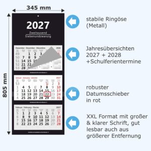 Alternative view of XXL 3-Month Calendar 2027 Black Large Wall Calendar Office Calendar