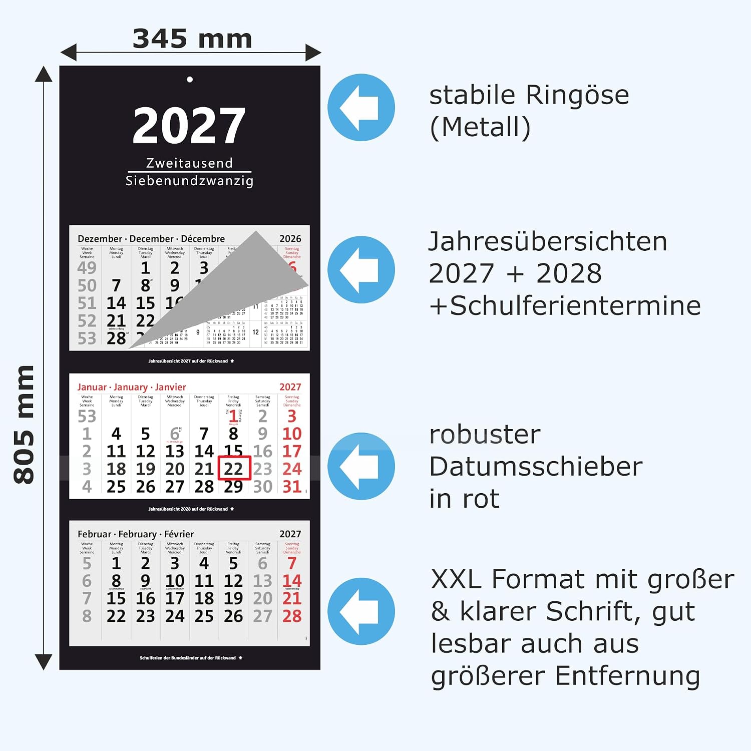 XXL 3-Month Calendar 2027 Black Large Wall Calendar Office Calendar – Bild 2