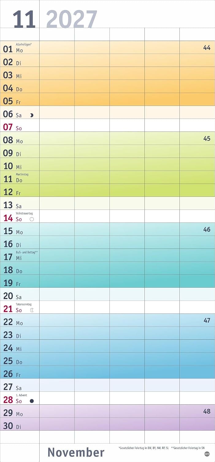 Bunte Wochen Familienplaner 2027: Praktischer Wandplaner mit 5 Spalten. Familien Wandkalender mit Schulferien und 3-Monats-Ausblick aufs Folgejahr. Terminkalender 2027. – Bild 12