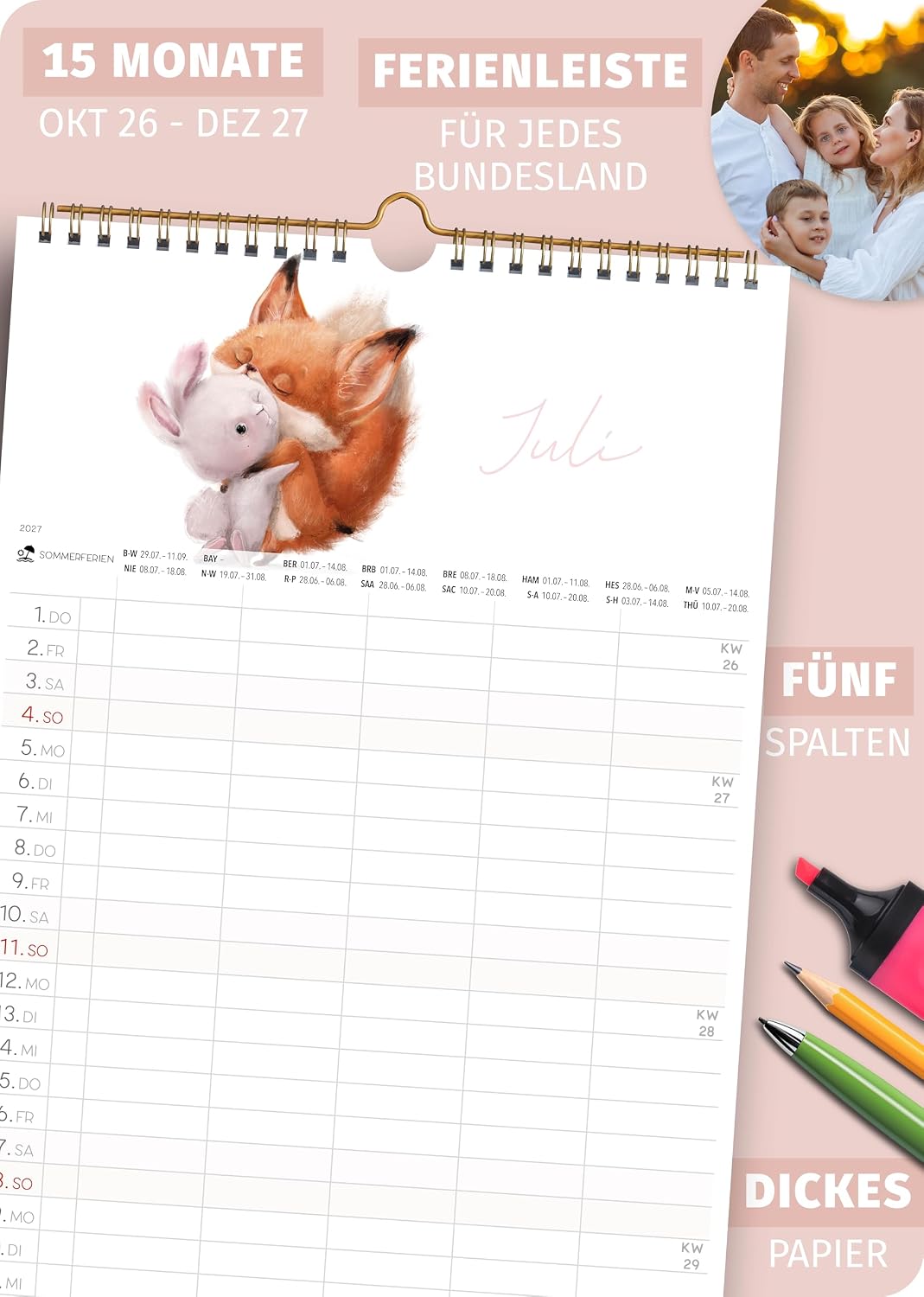 Schöne Güter® Family Calendar 2027 Family Planner 5 Columns with Stickers Holidays and Holidays Animal Illustrations 23 x 43 cm Art Calendar Drawn Playful Dreamy Artist Edition – Bild 3