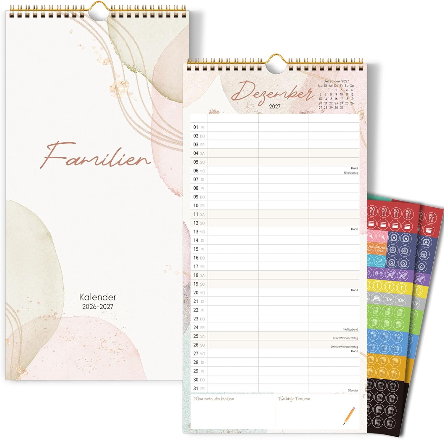KONVINIT Family Planner 2027, 15 Month Calendar with 3 Columns & Stickers